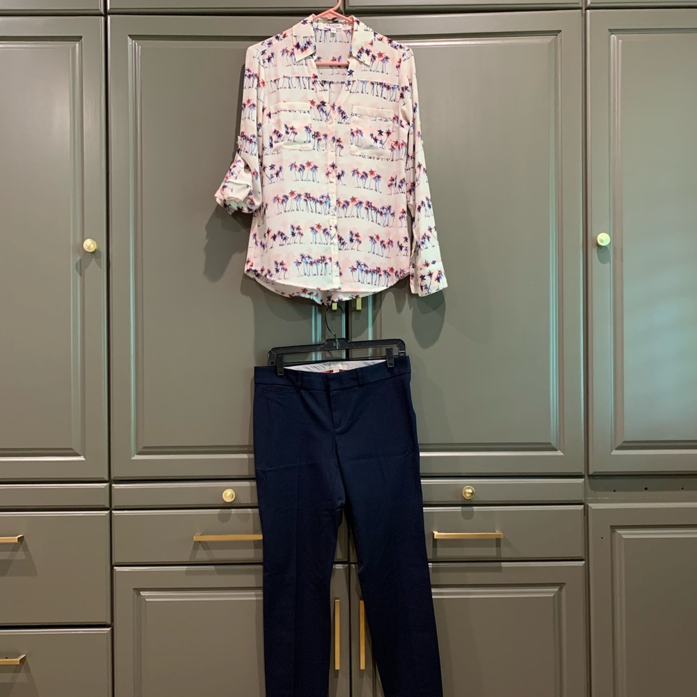 Banana Republic navy slacks, sz 4 & printed blouse